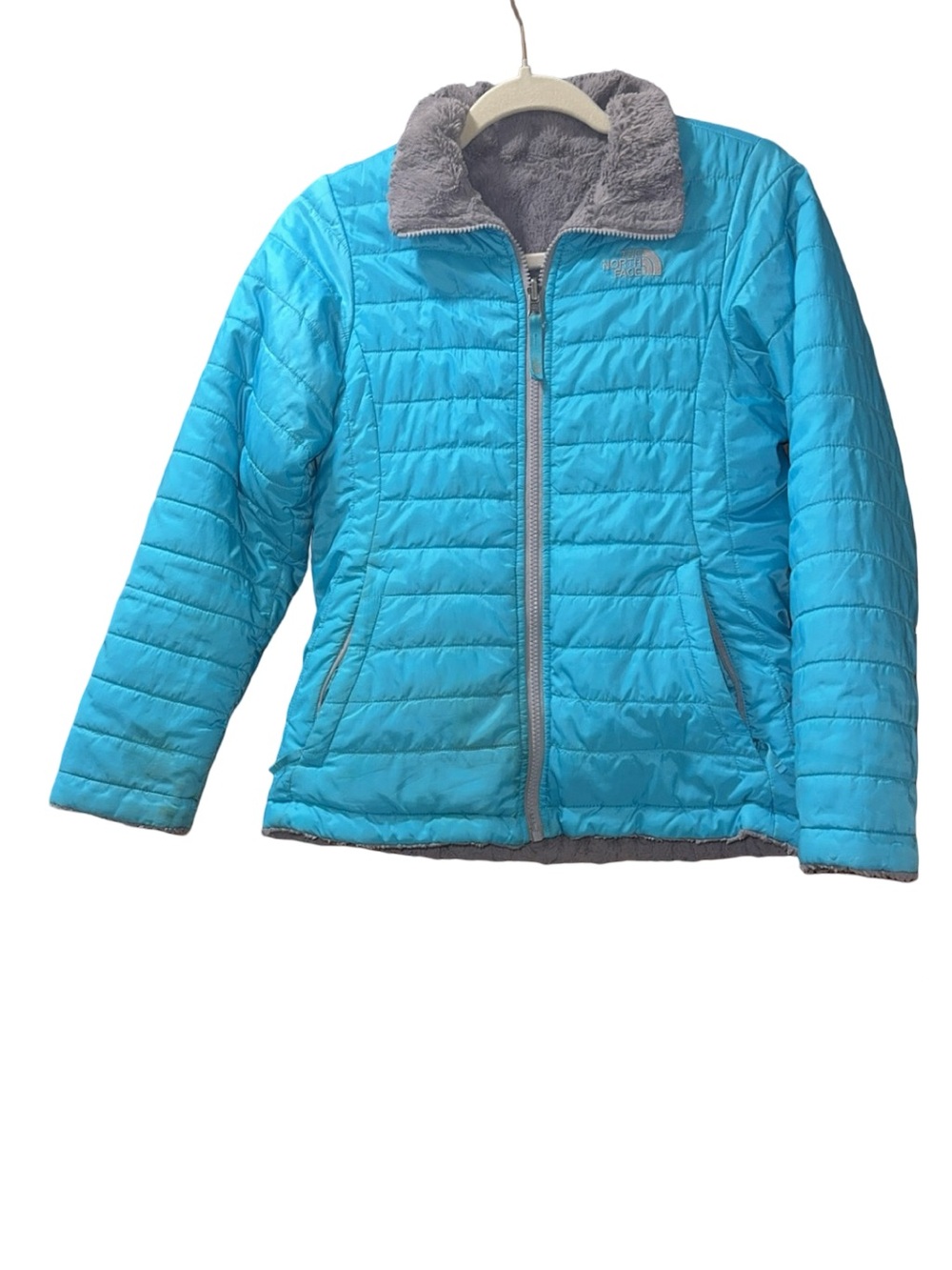 Reversible North Face Girls' Bright Turquoise Puffer Jacket with Gray Fleece